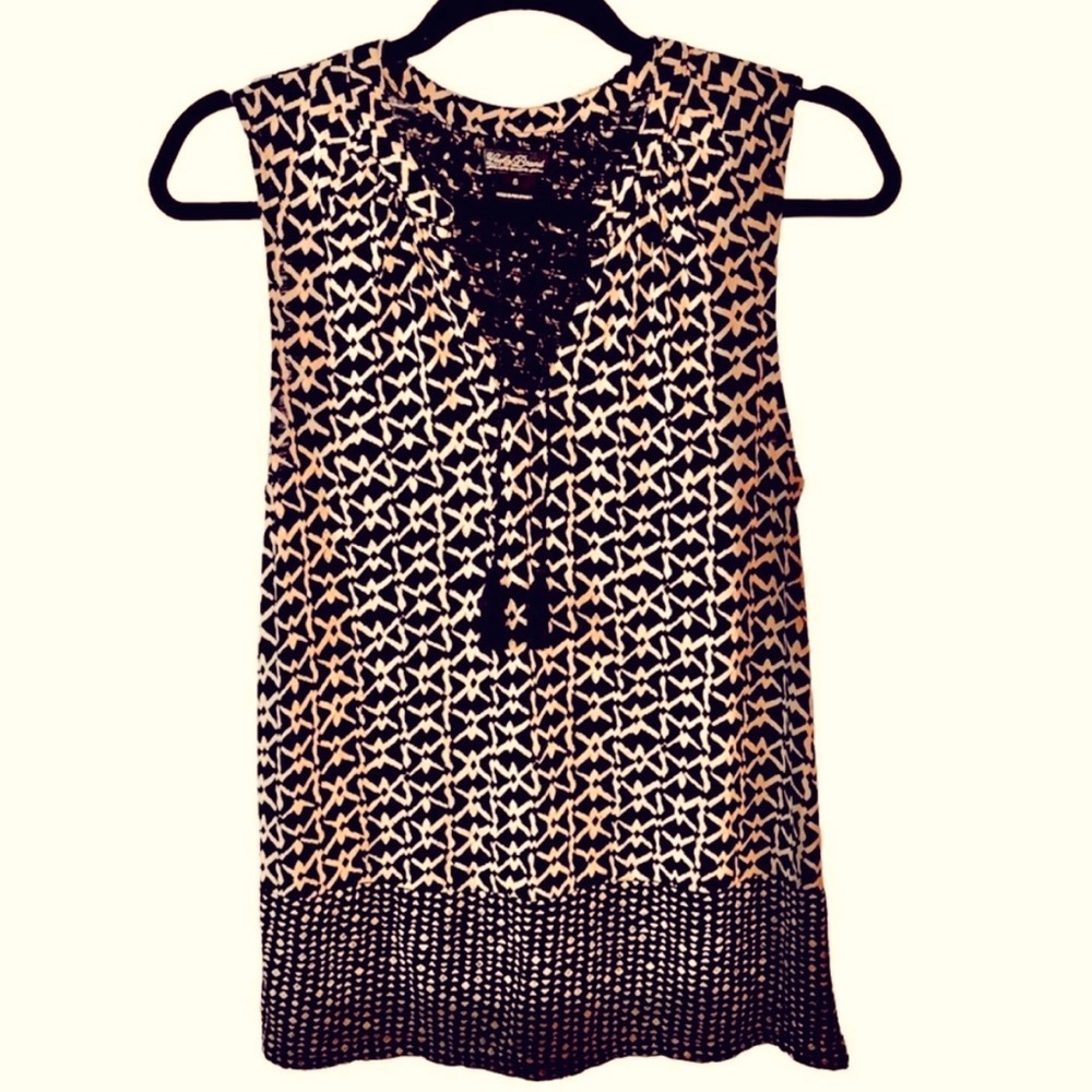 Lucky Brand Boho Sleeveless Tassel Top Black & Beige Small